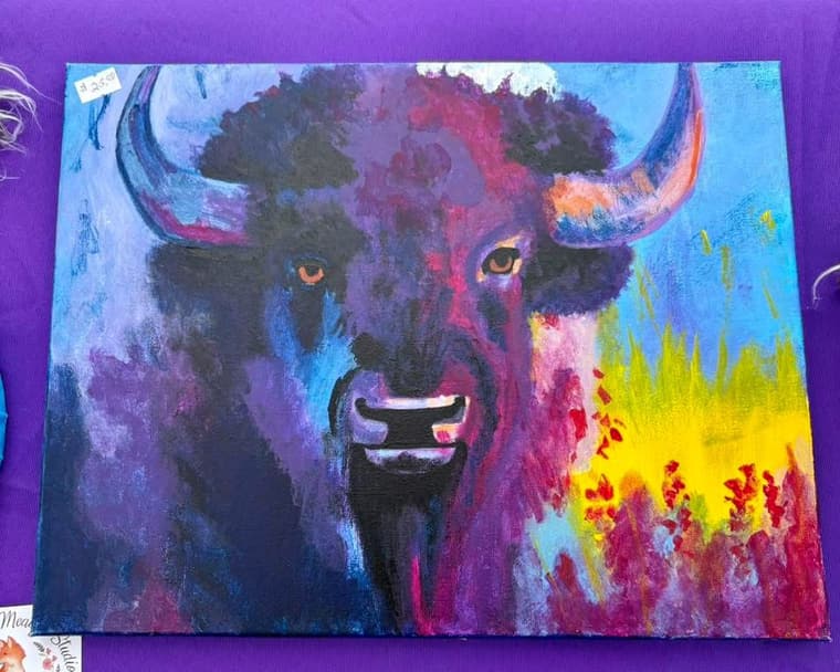 Original acrylic painting of a bison in purple, blue and magenta