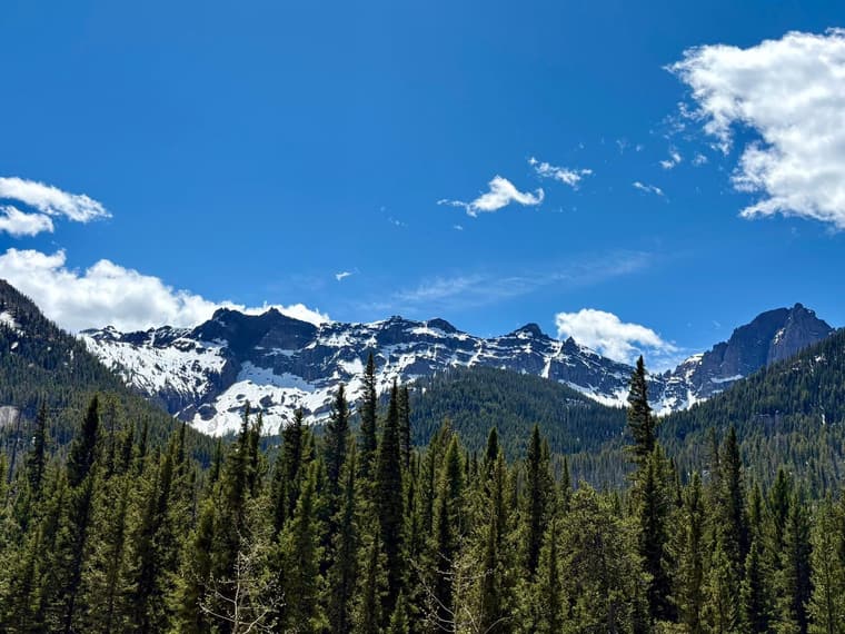 Snow-covered peaks above a pine forest outside West Yellowstone